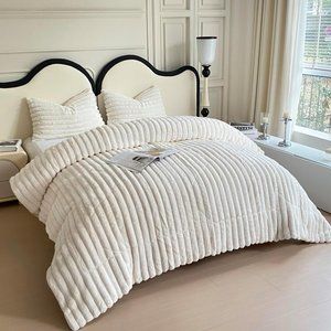 Ivory Soft Faux Fur Cream Bedding Set Striped Comforter Shams Queen Size Bed New